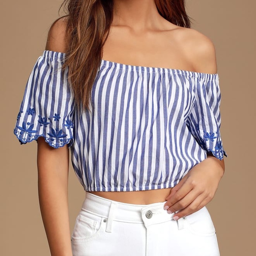 🌿 3/$30 Lulus Braxtyn Blue Striped Off-the-Shoulder Crop Top XS